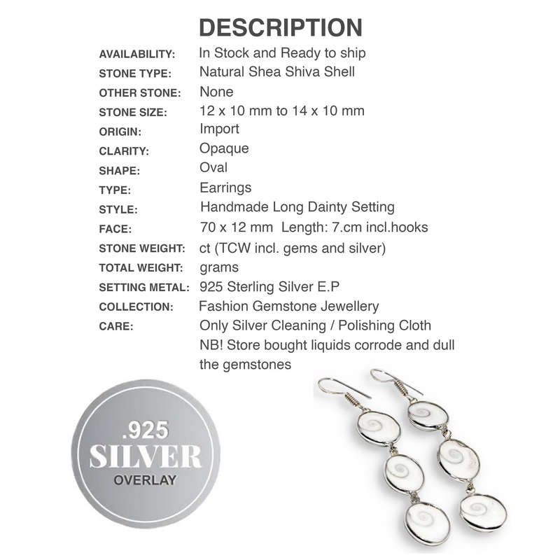 Natural Shea Shiva Shell set in . 925 Sterling Silver Plated Long Handmade Earrings