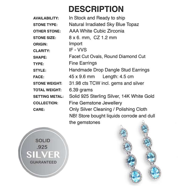 Deluxe Unheated Sky Blue Topaz Ovals & White CZ Gemstone Solid .925 Silver 14K White Gold Earrings