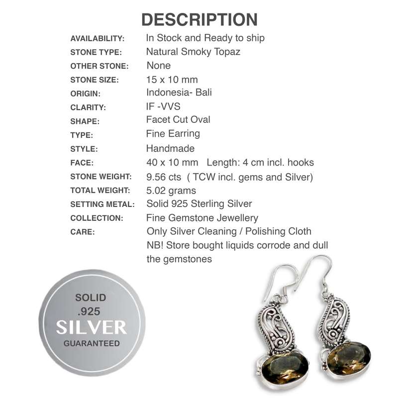 Indonesian Bali Java Natural Smoky Topaz Solid .925 Sterling Silver Earrings