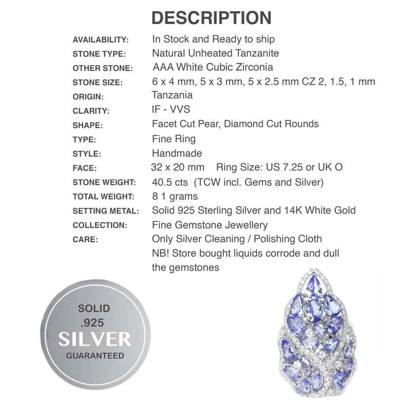 Deluxe Natural Unheated Tanzanite and AAA White Cubic Zirconia Solid .925 Silver Ring Size US 7.25