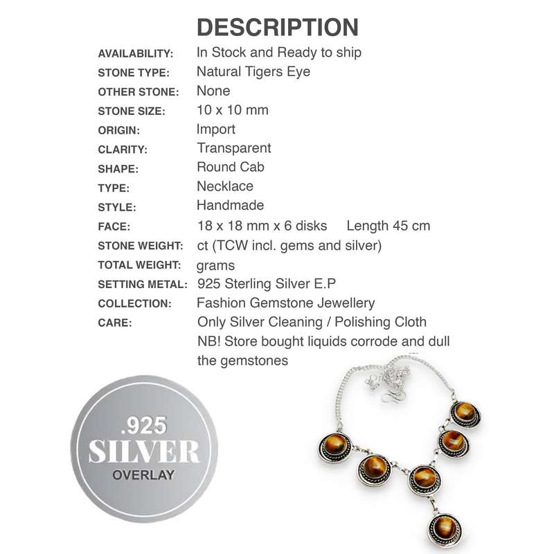 Natural Tigers Eye Round Cab Gemstones set in .925  Sterling Silver Plated  Handmade Necklace