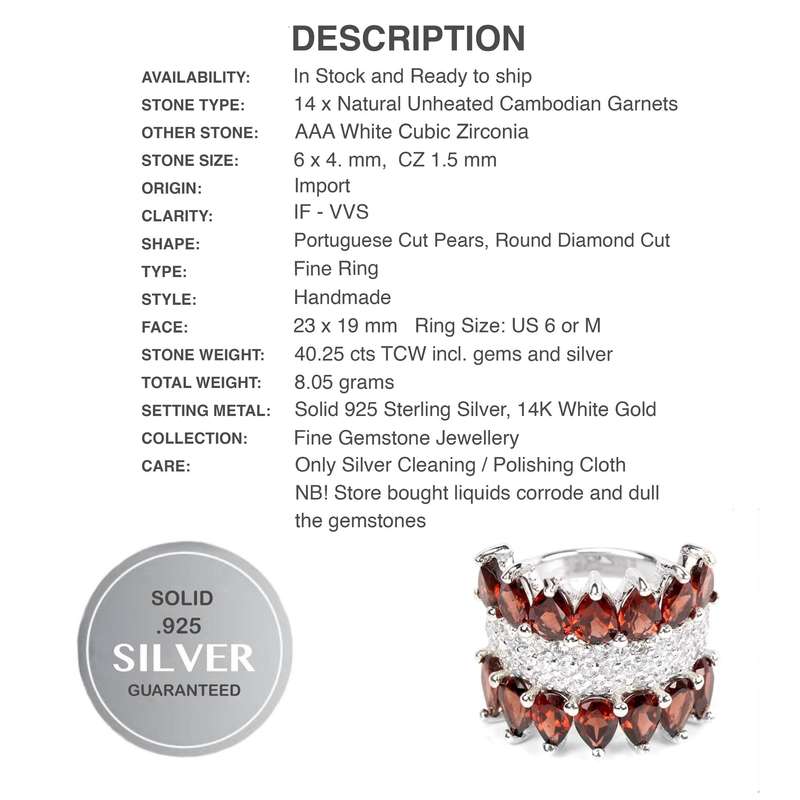 Natural Unheated Cambodian Garnet, AAA White CZ Solid 925 Silver14K White Gold Ring Size 6/M