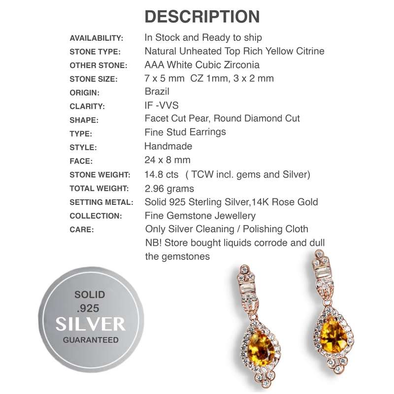 Natural Unheated Pear Citrine Gemstone  in Solid 925 Sterling Silver 14K Rose Gold Stud Earrings