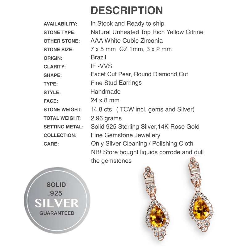 Natural Unheated Pear Citrine Gemstone  in Solid 925 Sterling Silver 14K Rose Gold Stud Earrings