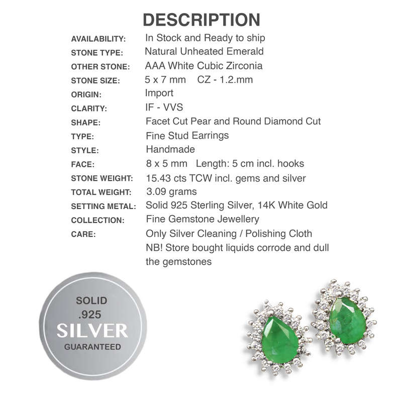 Natural Unheated Zambian Emerald White CZ Solid .925 Sterling Silver 14k White Gold Stud Earrings
