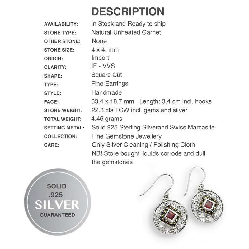 22.3 CT Natural Garnet Gemstone and Swiss Marcasite set in Solid .925 Sterling Silver Earrings