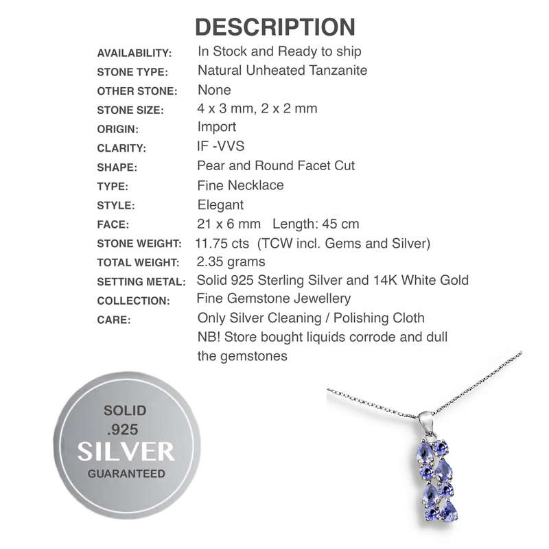 Deluxe Natural Unheated Tanzanite Mixed Shape Gemstone Solid .925 Silver & White Gold Necklace