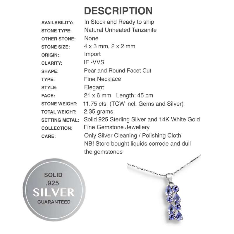 Deluxe Natural Unheated Tanzanite Mixed Shape Gemstone Solid .925 Silver & White Gold Necklace