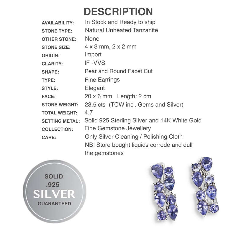 Deluxe Natural Unheated Tanzanite Gemstone Solid .925 Silver & White Gold Earrings