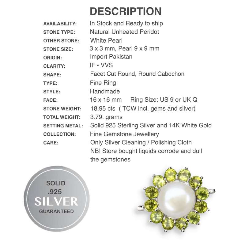 Natural Unheated Peridot and White Pearl Gemstone set in Solid .925 Sterling Silver Ring Size 8 or Q