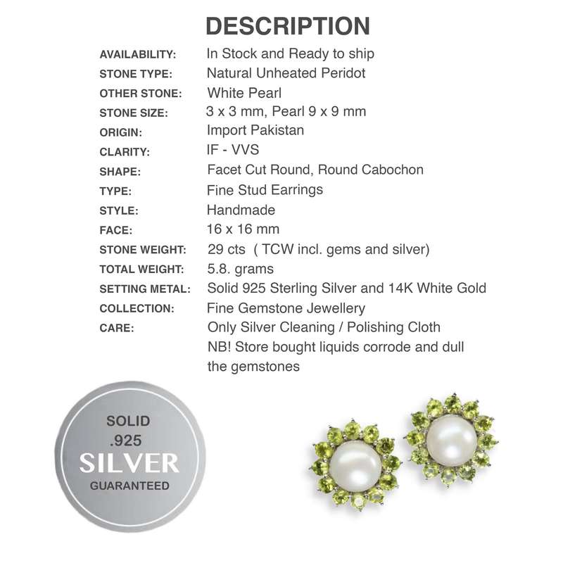 Natural Unheated Peridot, White Pearl Gemstone Solid .925 Sterling Silver Stud Earrings