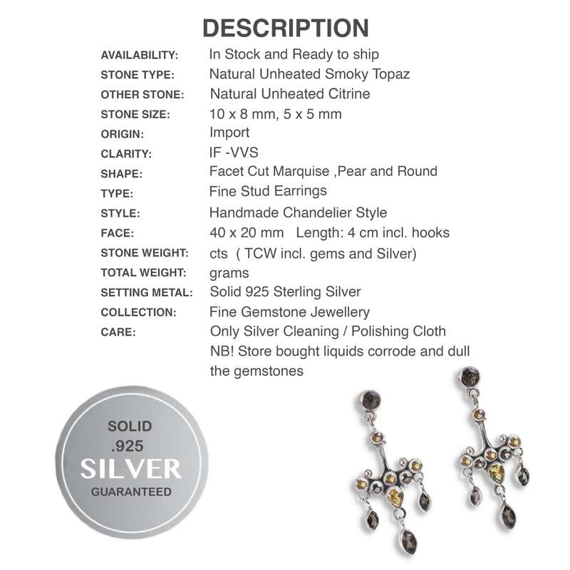 Deluxe Natural Smoky Quartz and Citrine set in Solid .925 Sterling Silver Earrings