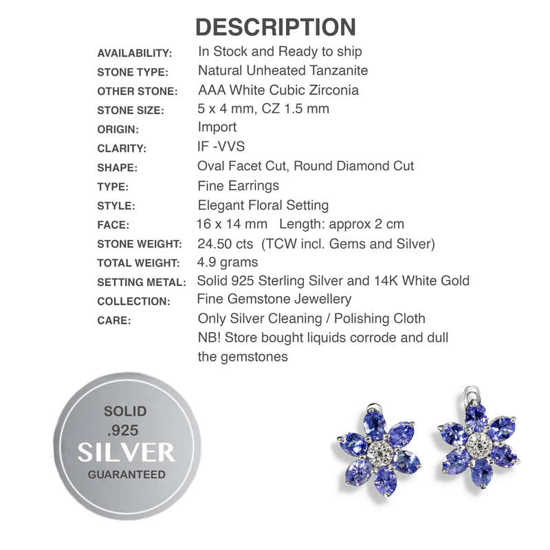 Natural Unheated Tanzanite and AAA White CZ in Solid .925 Sterling Silver Stud Earrings