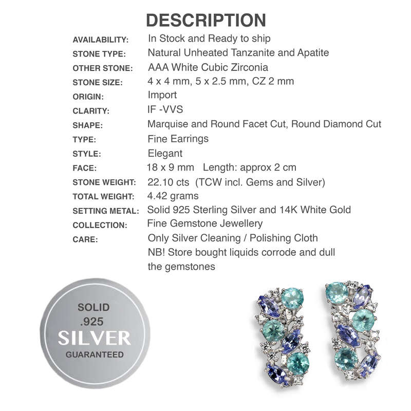 Rare Natural Unheated Tanzanite and Apatite AAA White CZ Solid .925 Silver & White Gold Earrings