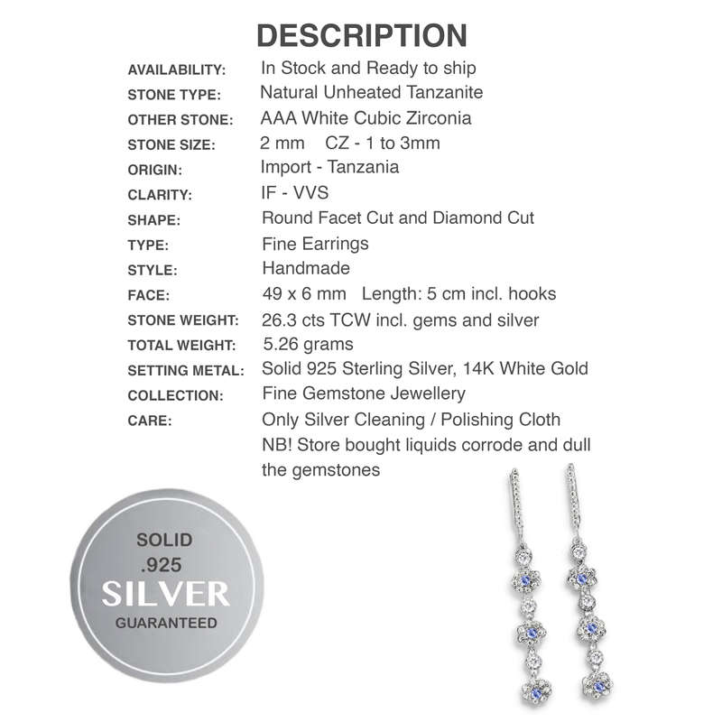 Alluring Natural Unheated Tanzanite White Cubic Zirconia Solid .925 Silver & White Gold Earrings