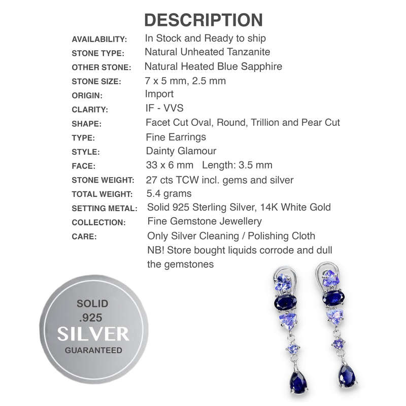 Natural Unheated Tanzanite, Blue Sapphire in Solid 925 Sterling Silver 14K White gold Earrings