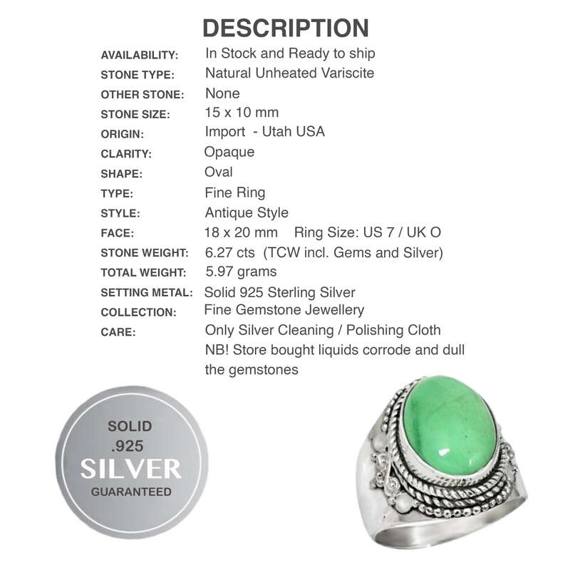 6.27 cts Natural Variscite Oval Gemstone set in Solid .925 Sterling Silver Ring Size US 7 or UK O