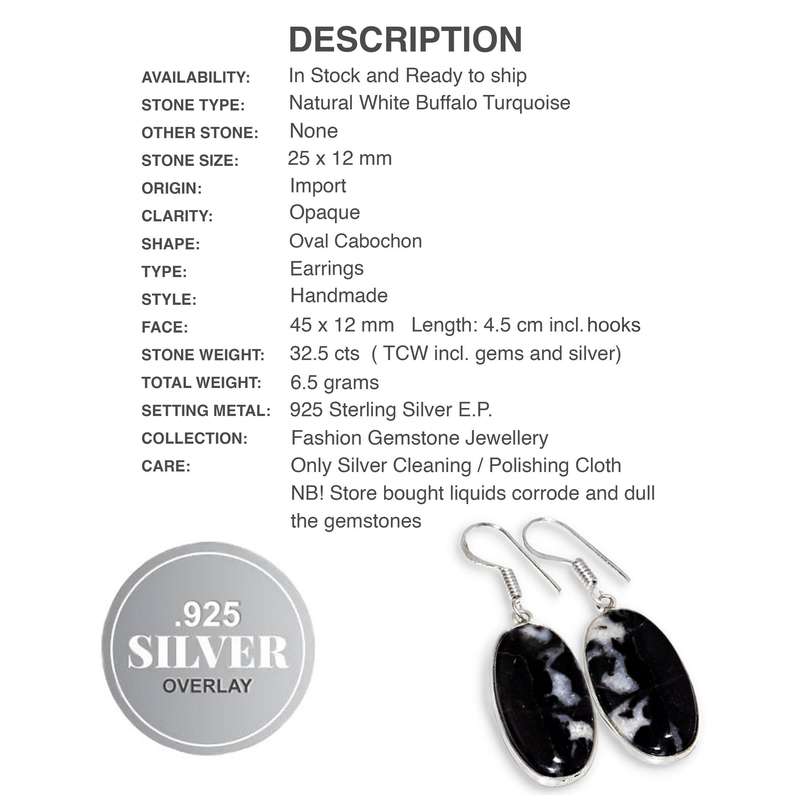 Handmade Natural White Buffalo Turquoise Oval Gemstone set in .925 Sterling Silver Plated Handmade E