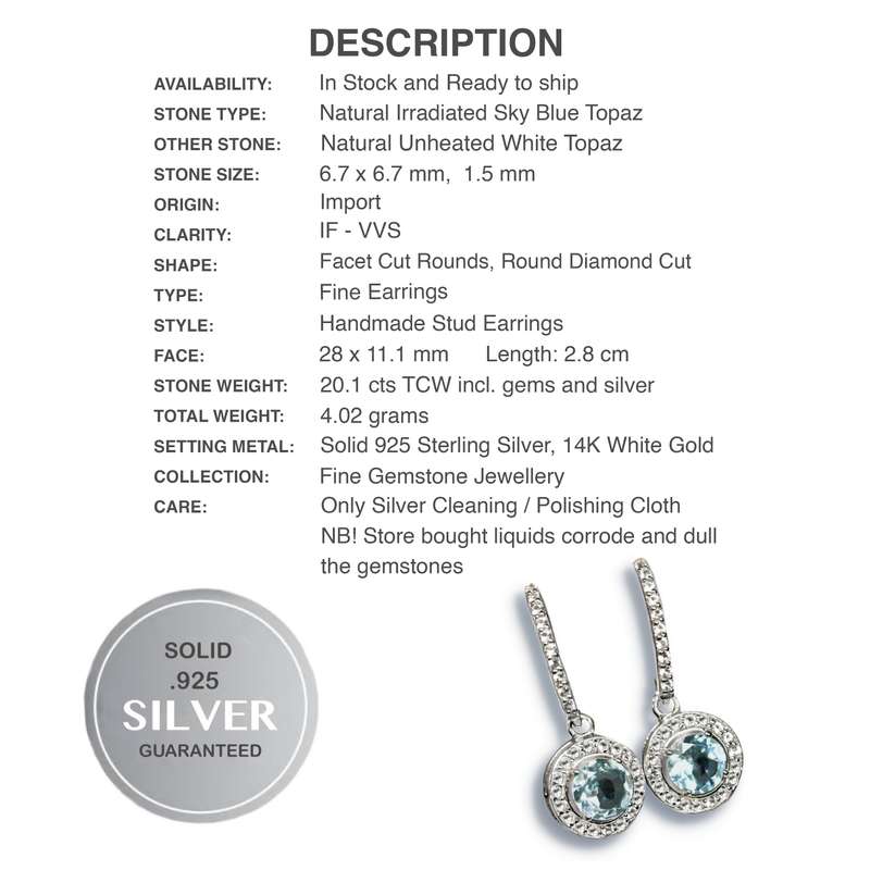 Deluxe Unheated Sky Blue Topaz and White Topaz Gemstone Solid .925 Silver 14K White Gold Earrings