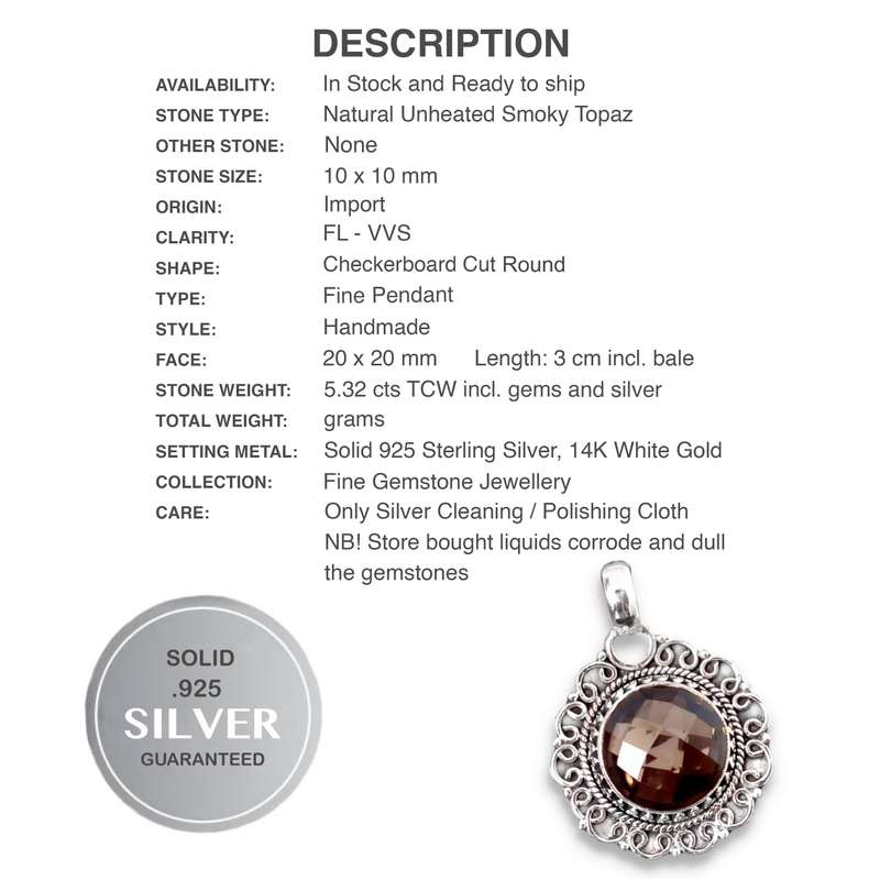 5.32 cts Natural Smokey Topaz Round Gemstone set in Solid 925 Sterling Silver Pendant