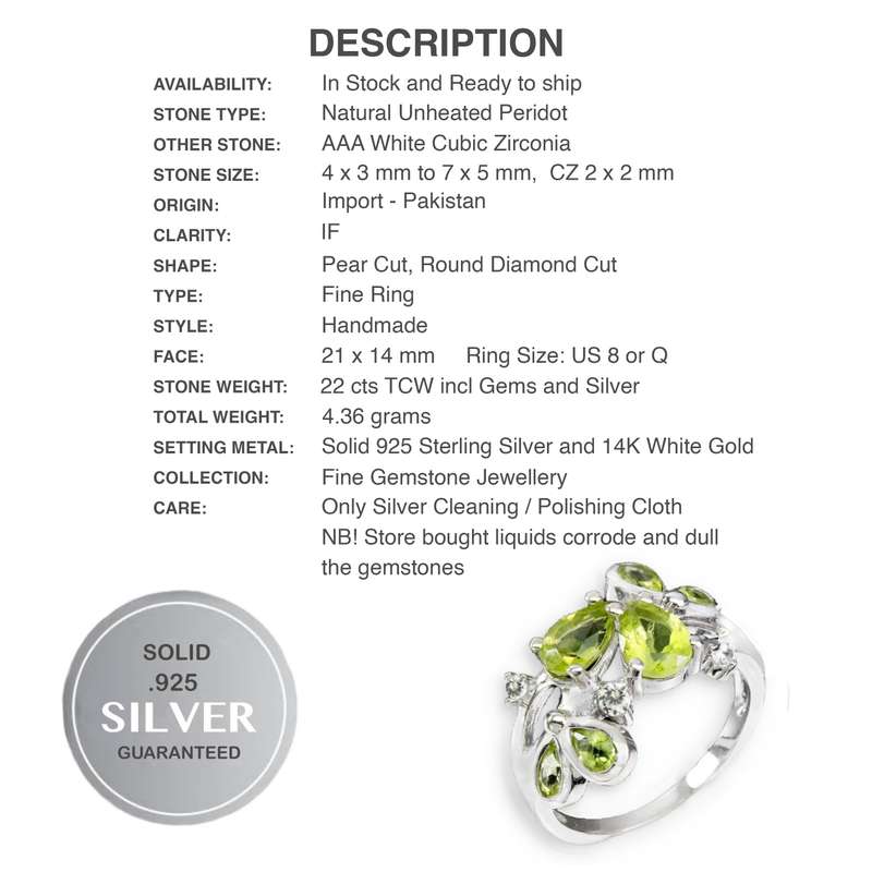 Deluxe Natural Unheated Peridot Gemstone set in Solid .925 Sterling Silver Ring Size US 7 or O