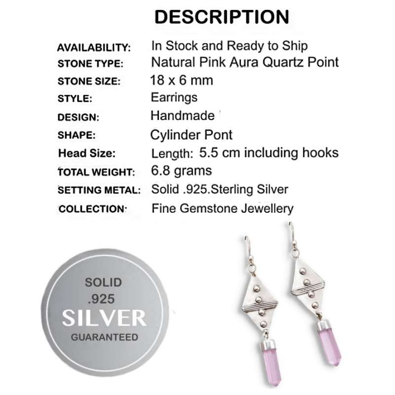 Natural  Pink Aura Quartz Point Gemstone Set in Solid .925 Sterling Silver Earrings
