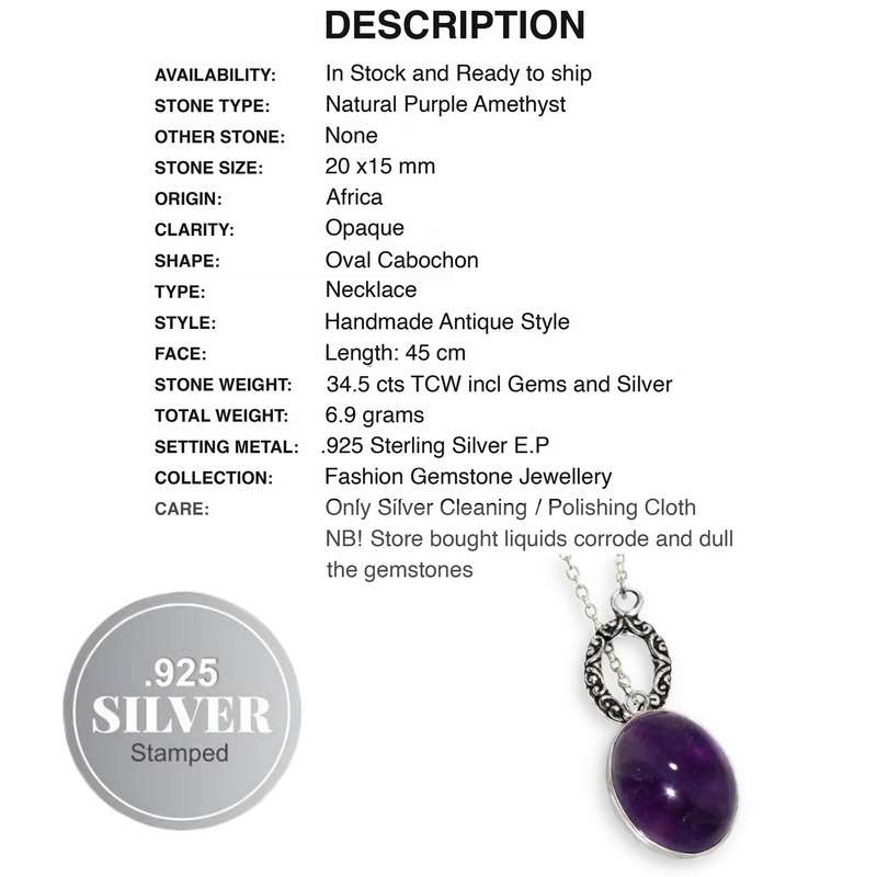 Natural Purple Amethyst Oval set in .925 Sterling Silver Plated Antique Style Dainty Necklace
