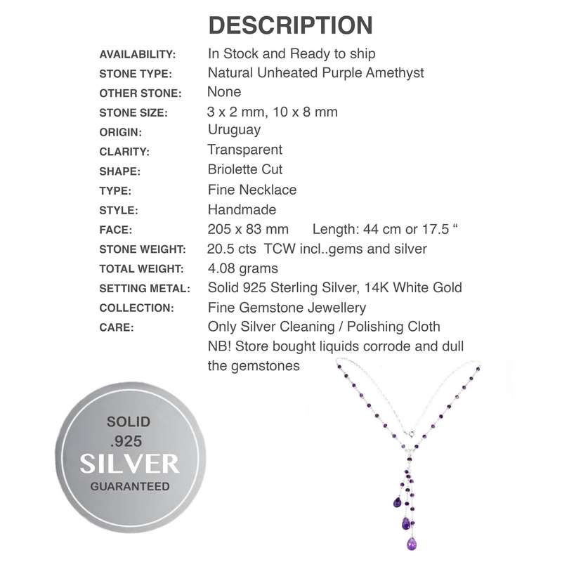 Handmade Authentic Purple Amethyst Briolette Gemstones in Solid .925 Silver 14K White Gold Necklace