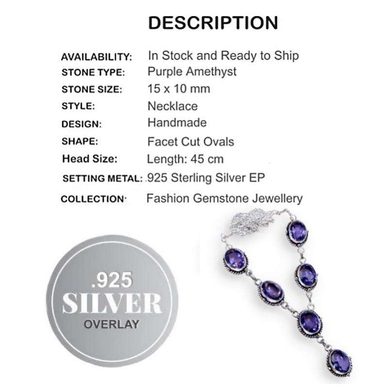 Purple Amethyst Ovals set in .925 Sterling Silver Plated Y Shape Antique Style Necklace