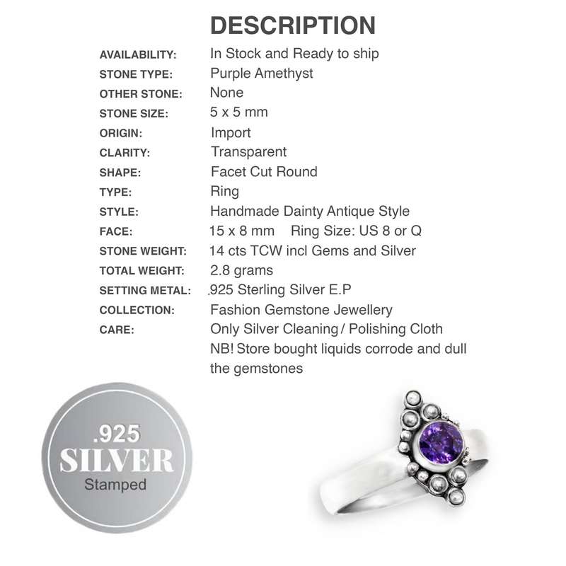 Purple Amethyst Round Shape in Antique Style set in .925 Sterling Silver Plated Dainty Ring Size 8
