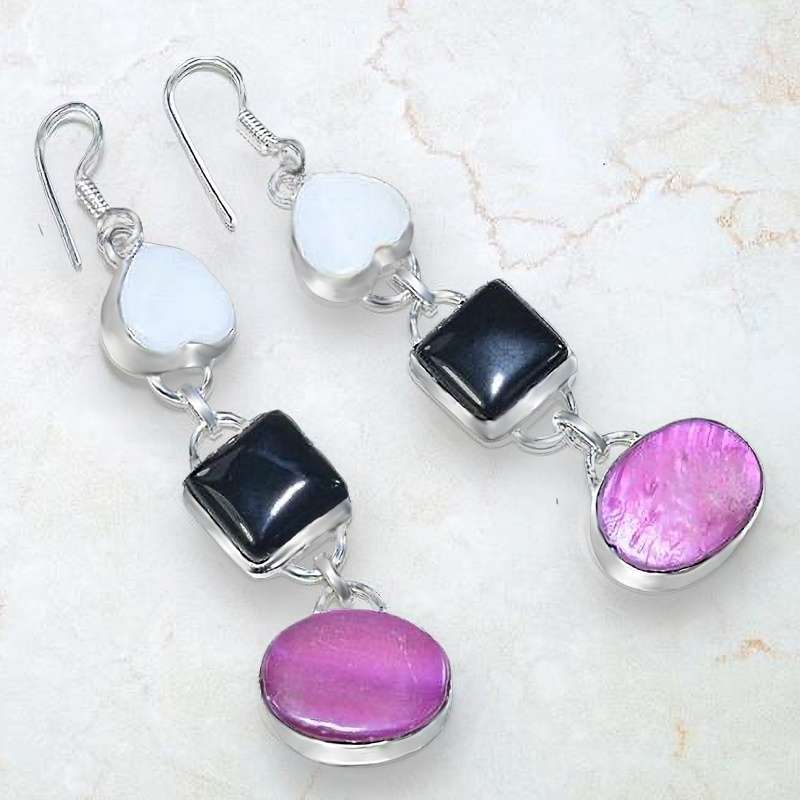 Pink Cats Eye Black Onyx, Mother of Pearl set in 925 Sterling Silver Plated Handmade Earrings