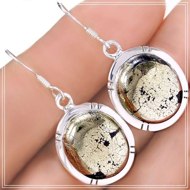 Natural Peruvian Pyrite in Magnetite Oval Gemstone  set in Solid .925 Sterling Silver Earrings