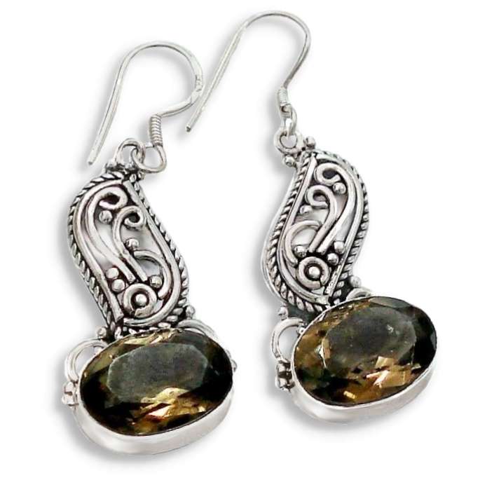 Indonesian Bali Java Natural Smoky Topaz Solid .925 Sterling Silver Earrings