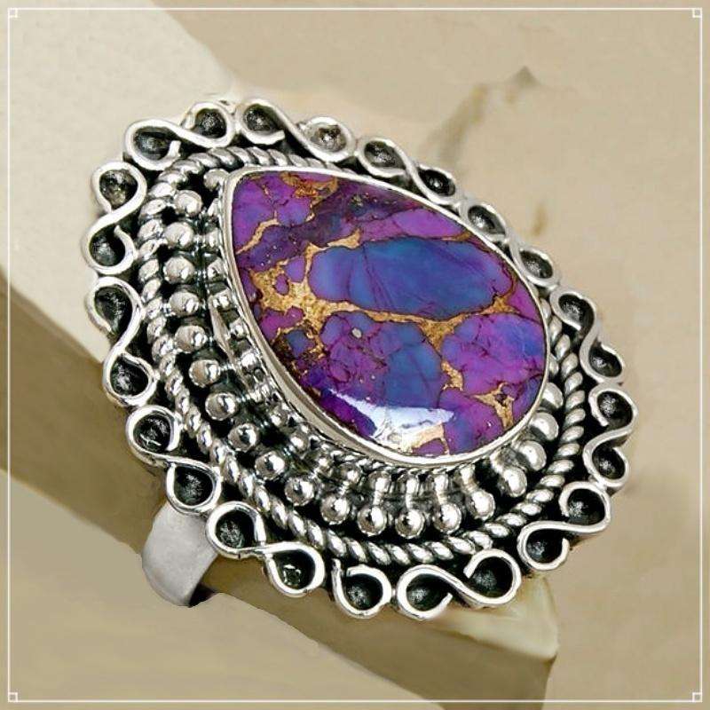 Antique Style Natural Purple Copper Turquoise and Solid .925 Silver Ring Size US 7 or O