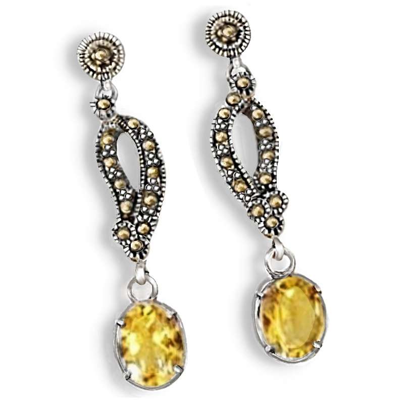 Natural Sunny Citrine And Marcasite Set In Solid .925  Sterling Silver Earrings