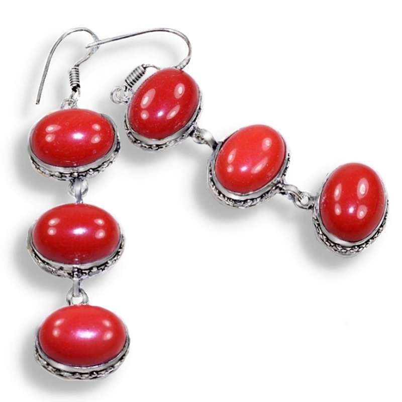 Red Coral Ovals set in .925 Sterling Silver Plated Handmade Long Earrings