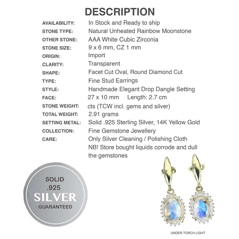 Natural Unheated Blue Schiller Moonstone, White Cubic Zirconia in Solid .925 Silver Stud Earrings