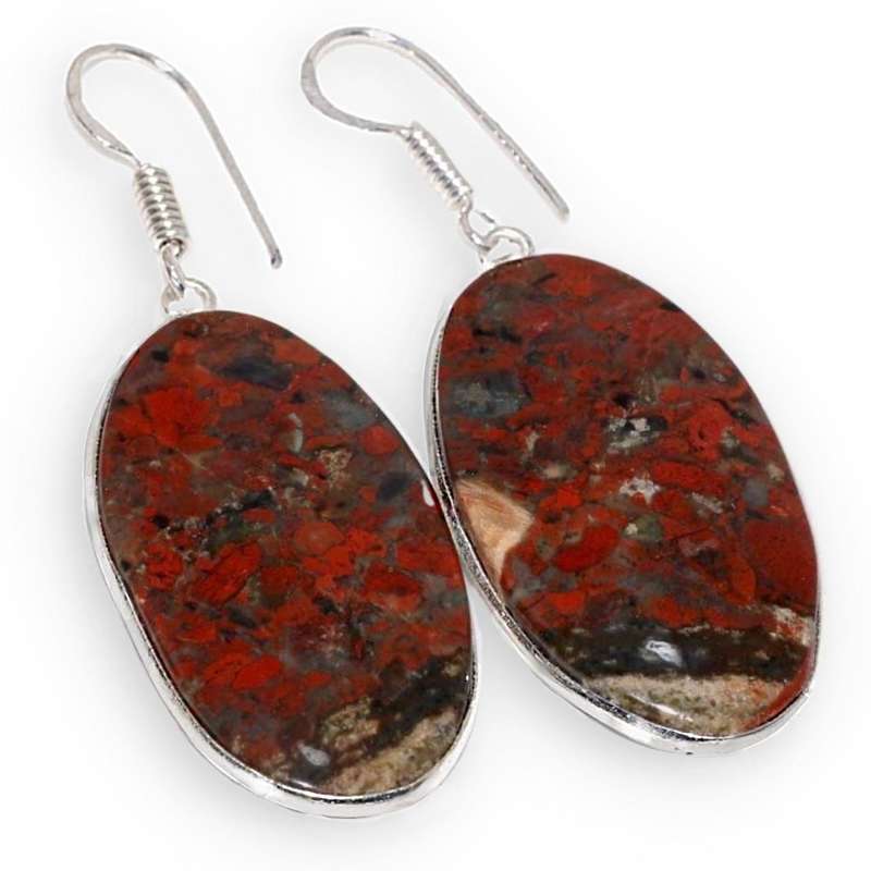 Natural Red Jasper Oval Gemstone set in .925 Sterling Silver Plated Handmade Earrings