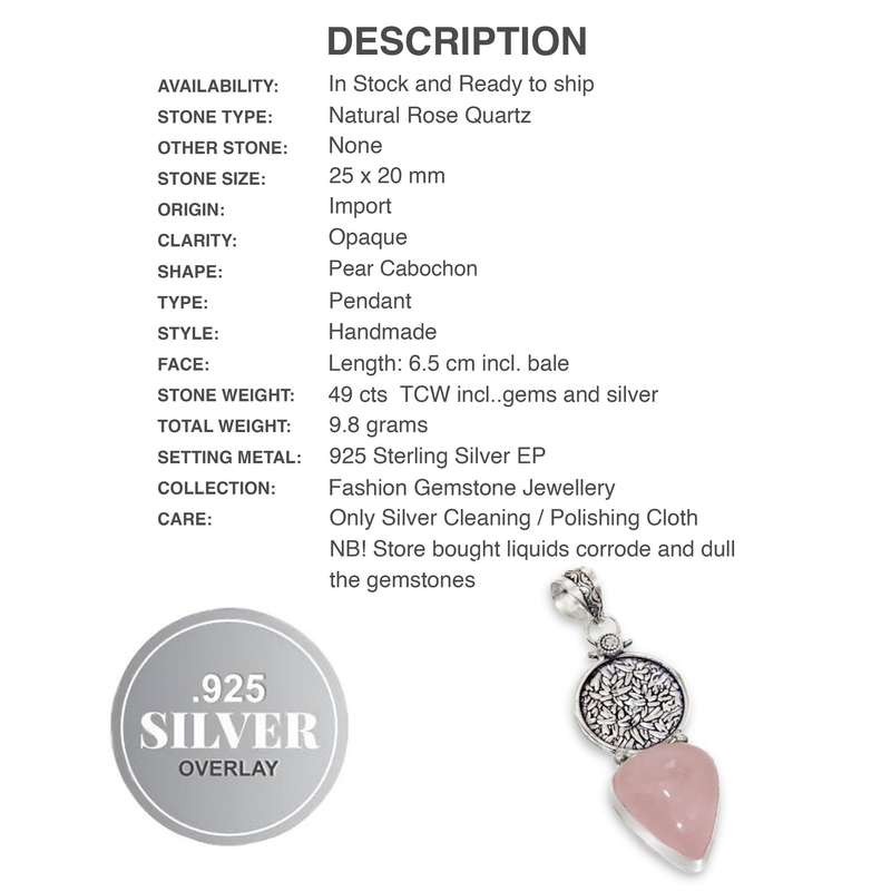 Natural Rose Quartz With Leaf Embossed Disk set in .925 Sterling Silver Plated Handmade Pendant