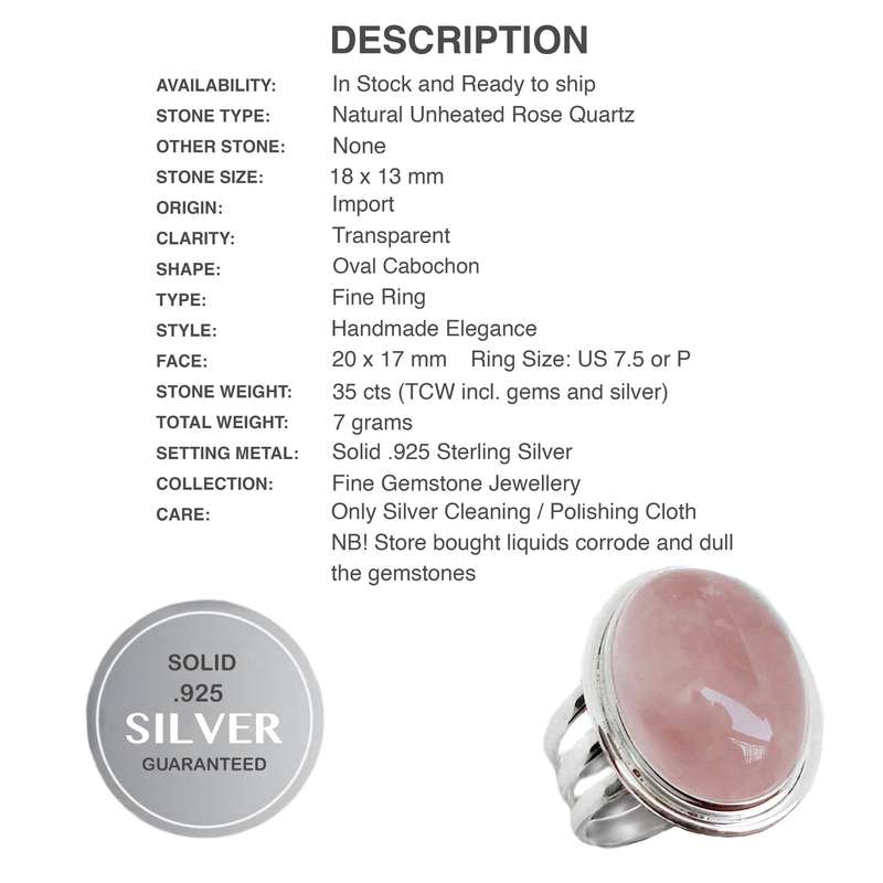Natural Rose Quartz Oval Gemstone set in Solid .925 Sterling Silver Ring Size US 7.5 /P