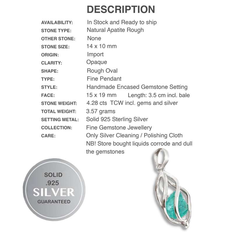 Natural Neon Blue Apatite Rough set in a  Solid .925 Sterling Silver Caged Pendant