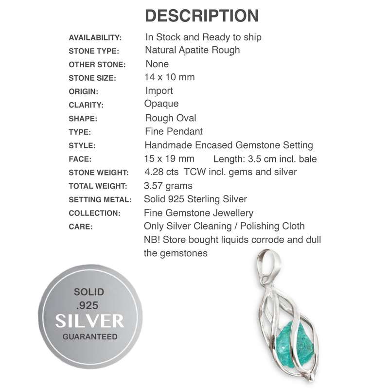 Natural Neon Blue Apatite Rough set in a  Solid .925 Sterling Silver Caged Pendant