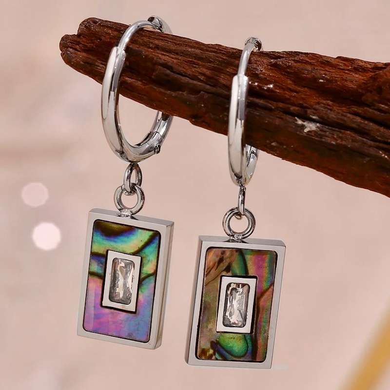 Natural Abalone Shell and White Zircon Gemstone Hypoallergenic Stainless Steel Huggie Earrings