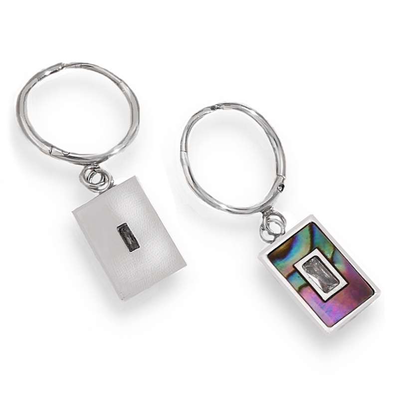 Natural Abalone Shell and White Zircon Gemstone Hypoallergenic Stainless Steel Huggie Earrings