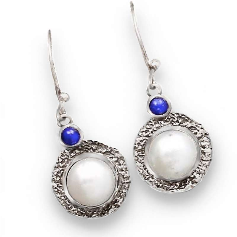 Israeli - Natural White Pearl, Lapis Lazuli Gemstone set in  Solid .925 Sterling Silver Earrings