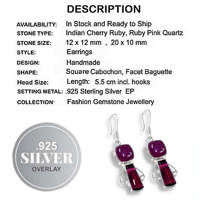 Handmade Indian Cherry Red Ruby Pink Red Ruby Quartz Set in .925 Sterling Silver Plated Earrings