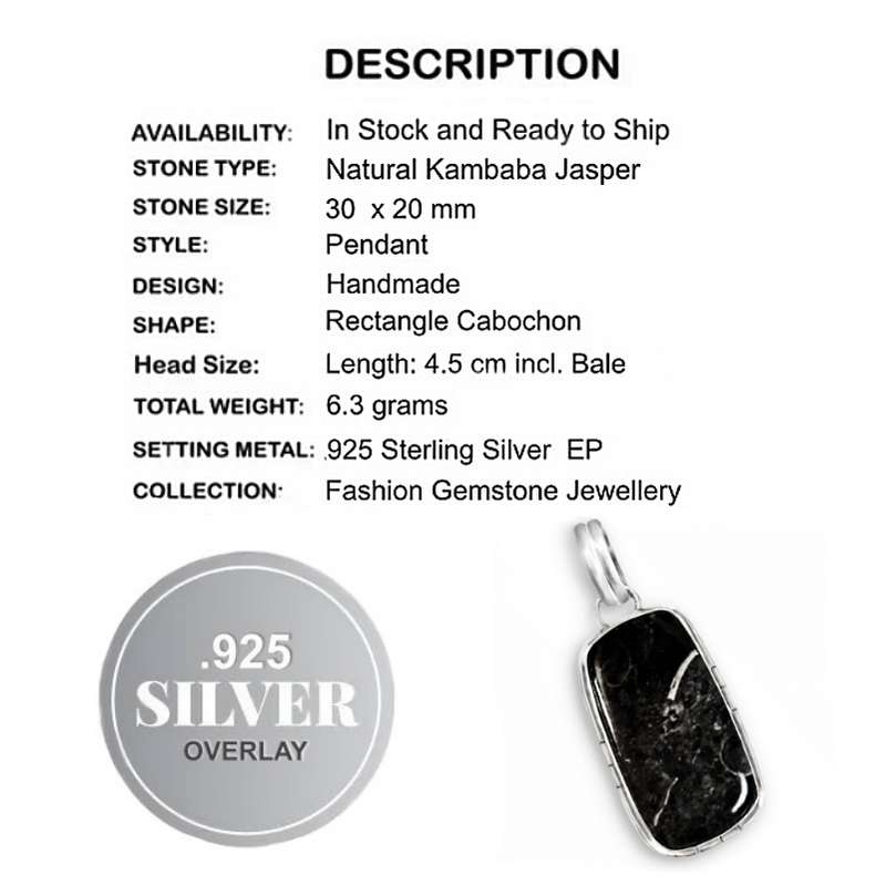 Natural African Kambaba Jasper Rectangle Gemstone in .925 Sterling Silver Plated Pendant