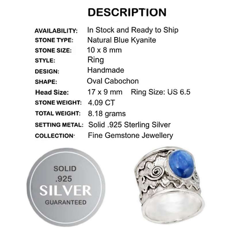 4.09 cts Natural Kyanite Round Gemstone set in Solid .925 Sterling Silver Ring Size US 6.5 / N