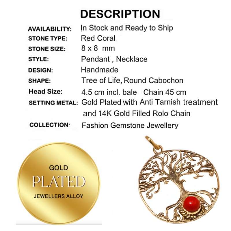 Handmade Tree of Life Red Coral Gemstone Pendant .925 Silver Pendant + 14K Gold Filled Chain