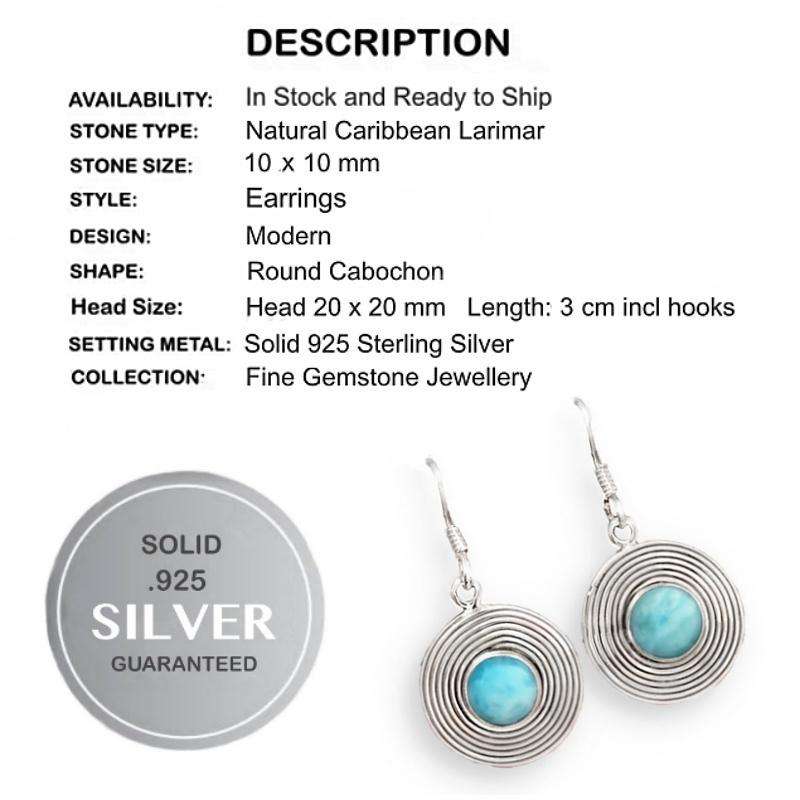 Natural Caribbean Larimar Round Gemstone set in Solid  .925 Sterling Silver Earrings